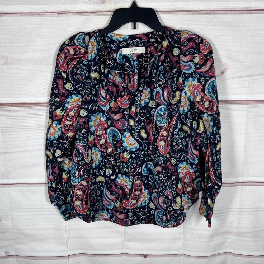 LOFT Paisley Blouse Women PS Blue Multi Lurex Stripe Puff Sleeve Tie Neck Top